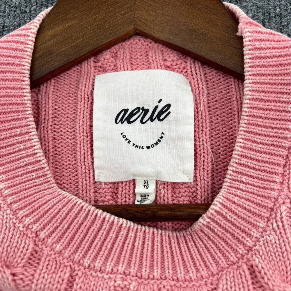 Aerie Cable Knit Sweater‎ Women XL Pink Cropped Distressed Preppy Fisherman